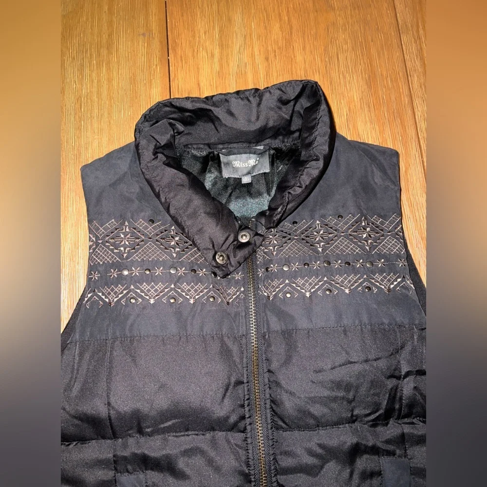 Miss Me Black Studded Embroidered Puffer Vest Size Large Southwestern Y2K